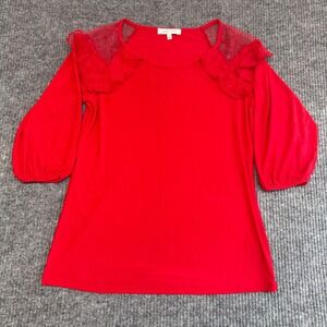 Emma & Olive Red Blouse Lace Sheer‎ Shoulder Ruffle Trim 3/4 Sleeve Size Small